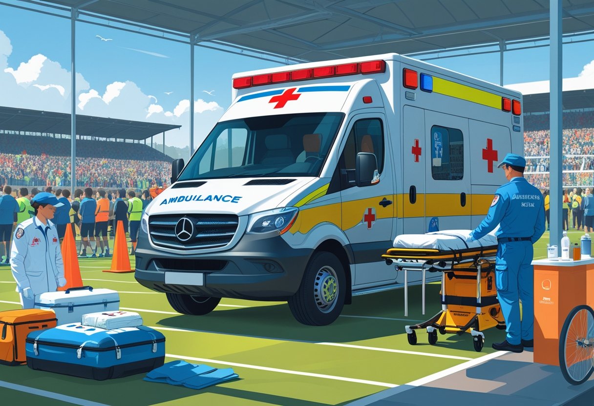 Ambulância estacionada em evento esportivo ao ar livre com paramédicos atendendo próximo à ambulância e público ao fundo.