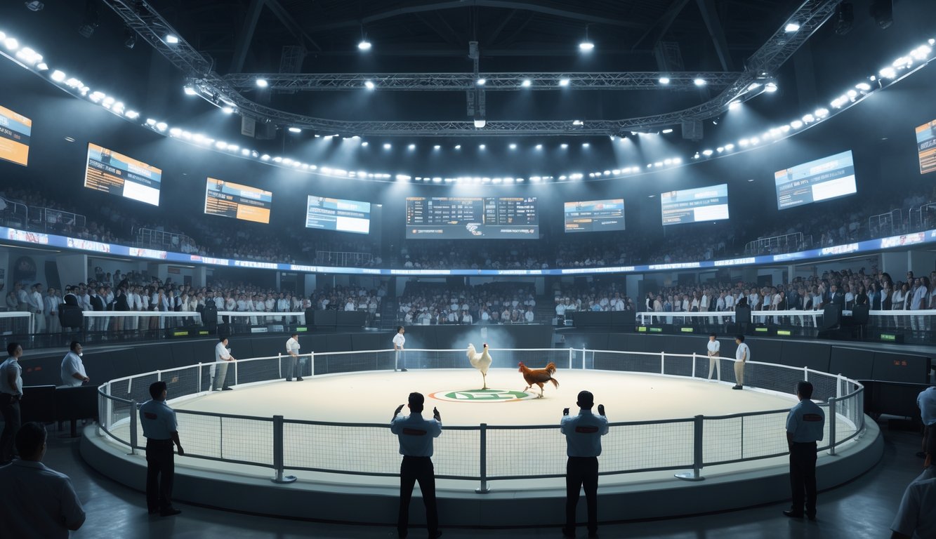 Arena sabung ayam resmi dengan penonton yang memperhatikan pertandingan di dalam ruangan.