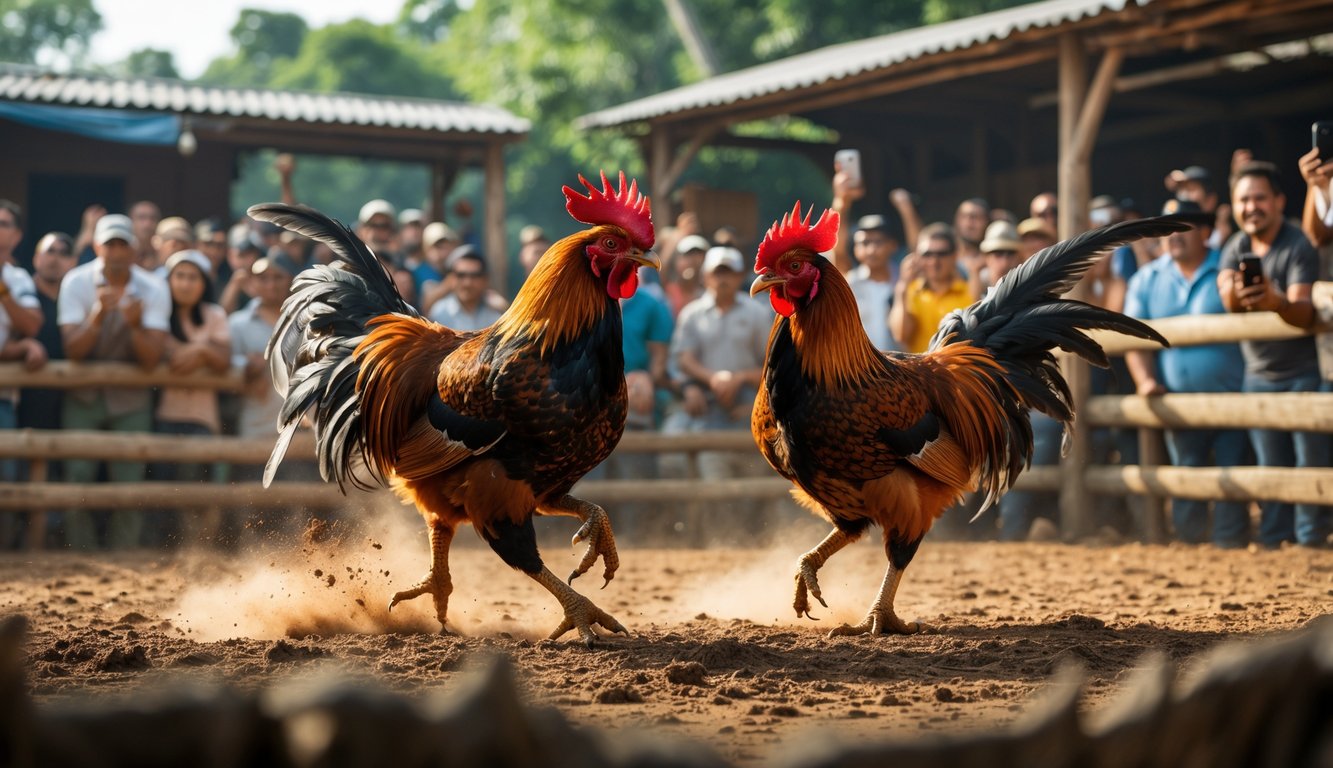 Arena sabung ayam dengan dua ayam jago sedang bertarung dan penonton yang antusias menyaksikan pertandingan.