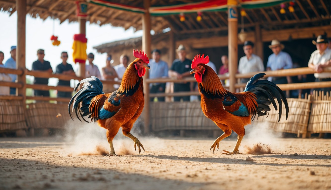 Dua ayam jantan sedang bertarung di arena dengan penonton yang memperhatikan dengan tenang dan penuh hormat.