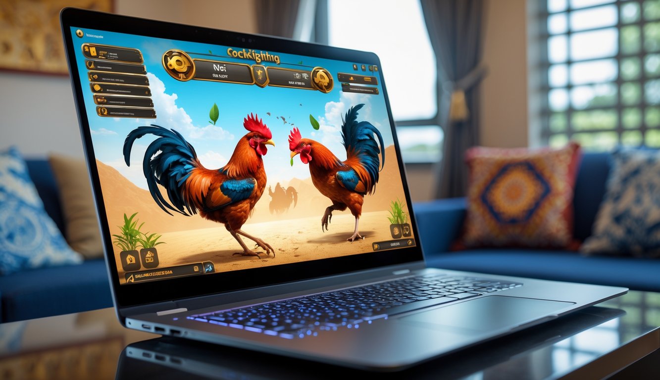 Seorang pengguna sedang bermain sabung ayam online di komputer dengan latar ruangan yang nyaman dan elemen budaya Indonesia.