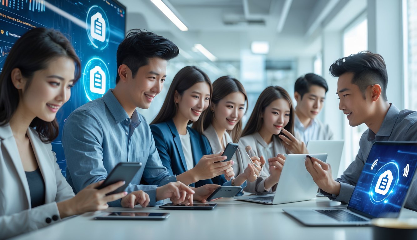 Beberapa orang muda menggunakan smartphone dan laptop di kantor modern dengan latar belakang simbol bank dan dompet digital yang menunjukkan transaksi cepat.