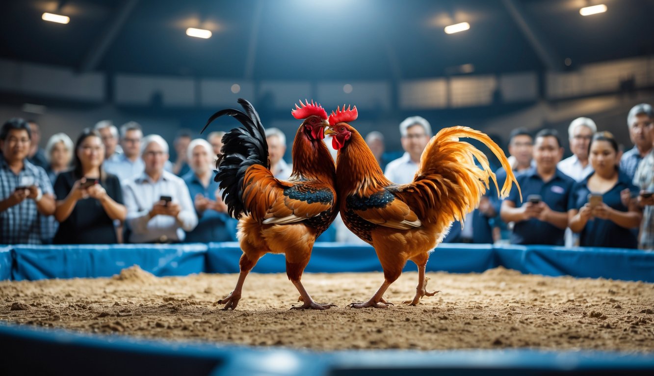Suasana pertandingan sabung ayam di arena dalam ruangan dengan dua ayam jago bertarung dan penonton yang menonton dengan serius.