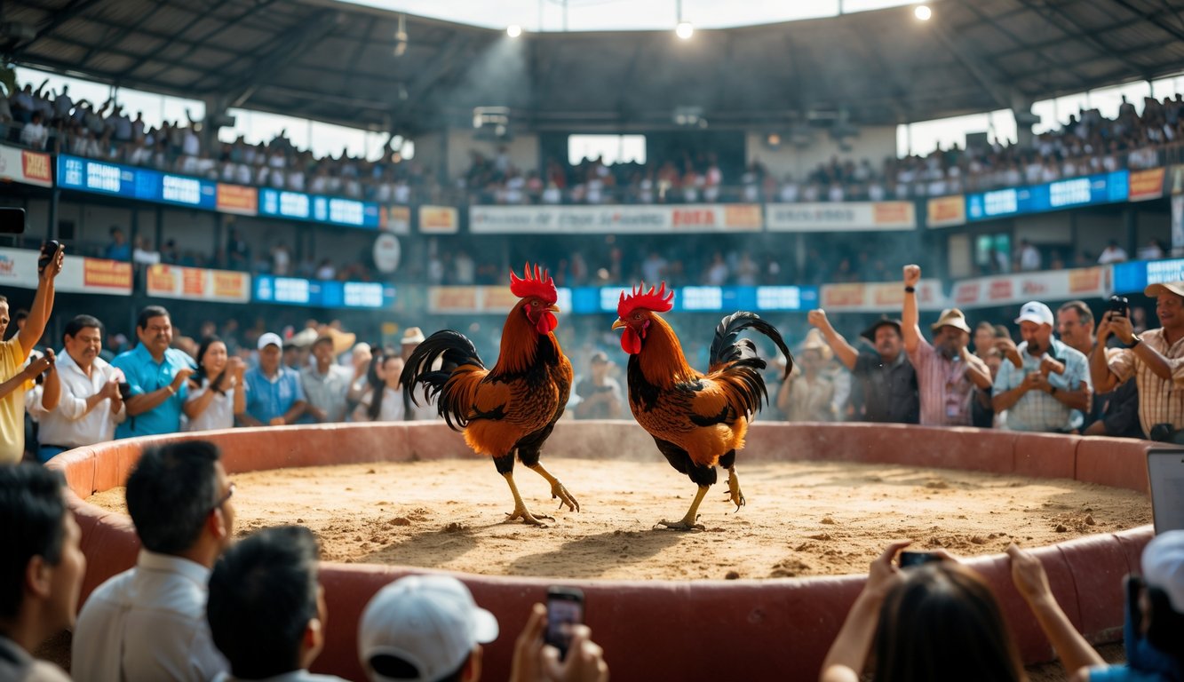 Dua ayam jago sedang bertarung dalam arena dengan penonton yang antusias mengelilingi, suasana penuh semangat dan terorganisir.