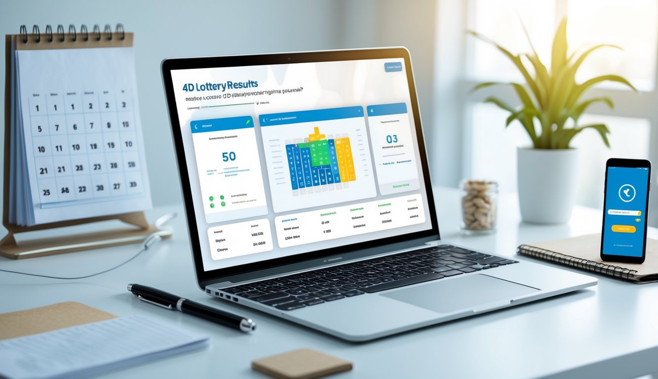 Seorang pria menggunakan laptop di meja yang menampilkan data keluaran togel 4D secara akurat, dengan suasana yang profesional dan rapi.
