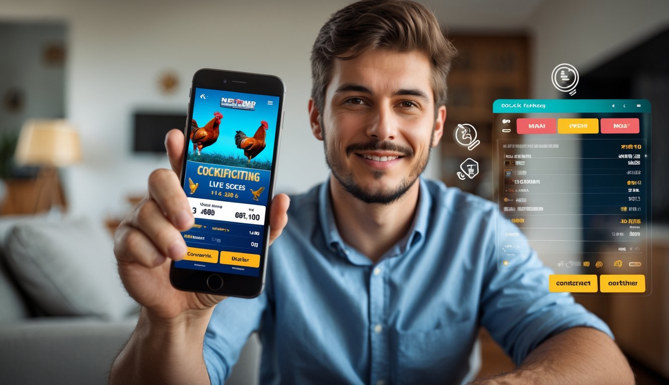 Seorang pria muda menggunakan ponsel di rumah dengan tampilan aplikasi sabung ayam online yang jelas di layar.