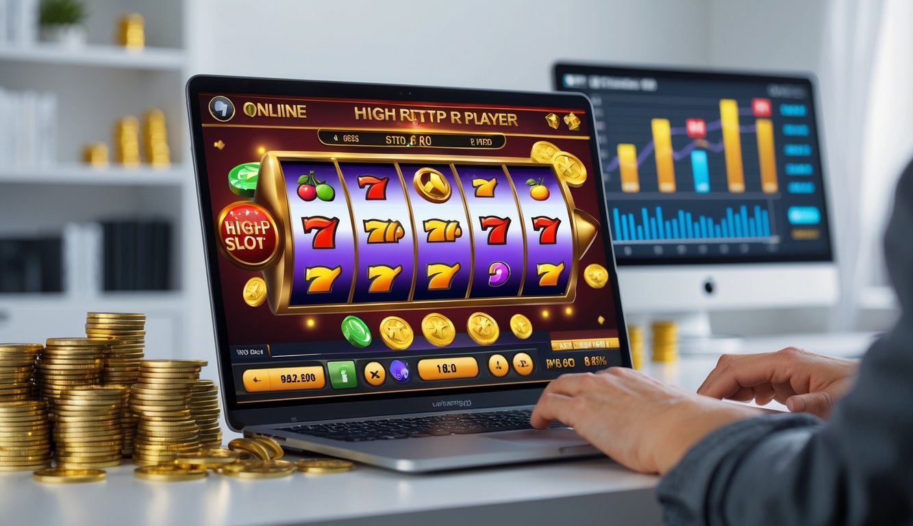 Seorang pemain sedang bermain slot online di komputer dengan layar menampilkan permainan slot yang berwarna-warni dan koin emas di sekitarnya.