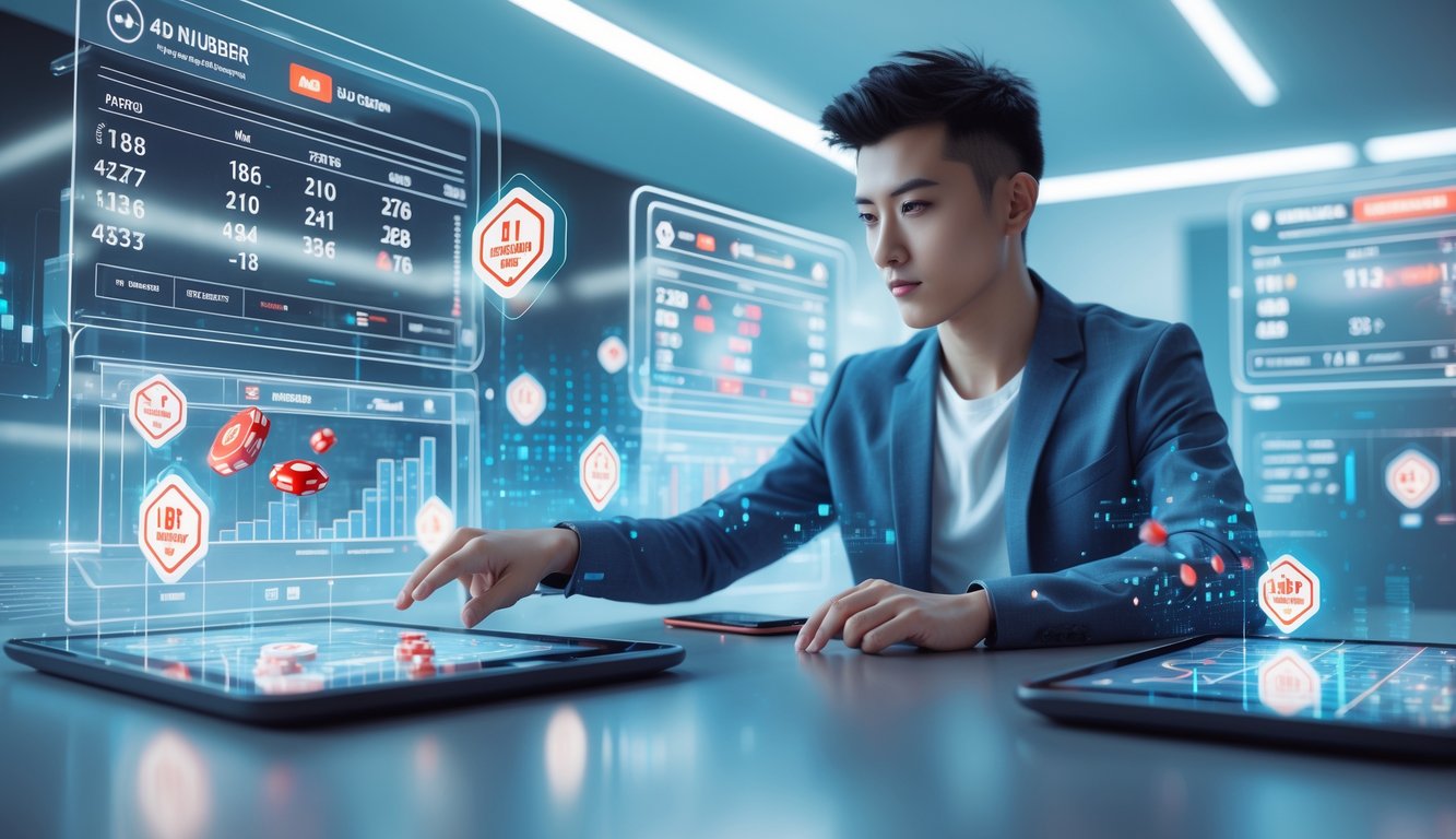 Seorang dewasa muda menggunakan perangkat layar sentuh di meja kerja modern dengan tampilan digital dan grafik terkait permainan togel online.