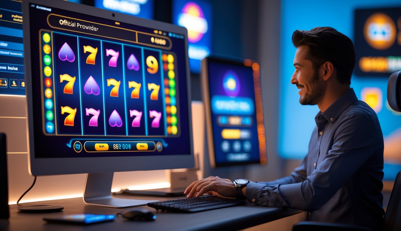 Seorang pria menggunakan komputer dengan tampilan permainan slot online yang berwarna-warni di layar, di ruang kerja yang rapi dan terang.