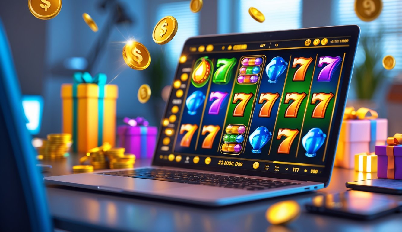 Seorang pengguna duduk di depan komputer yang menampilkan permainan slot online dengan simbol warna-warni dan elemen koin dan hadiah di sekitar layar.
