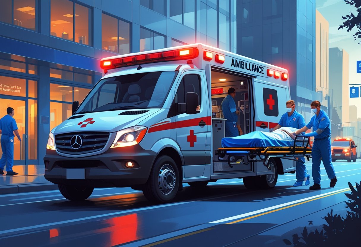 Uma ambulância UTI móvel com paramédicos carregando um paciente em uma maca, em uma rua da cidade próxima a um hospital.