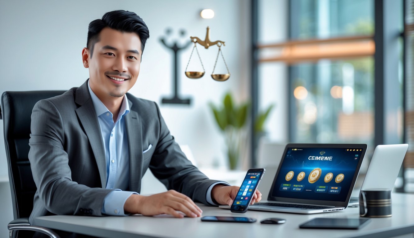 Seorang pria duduk di meja kerja modern dengan laptop dan ponsel, menunjukkan suasana agen judi online yang profesional dan terpercaya.