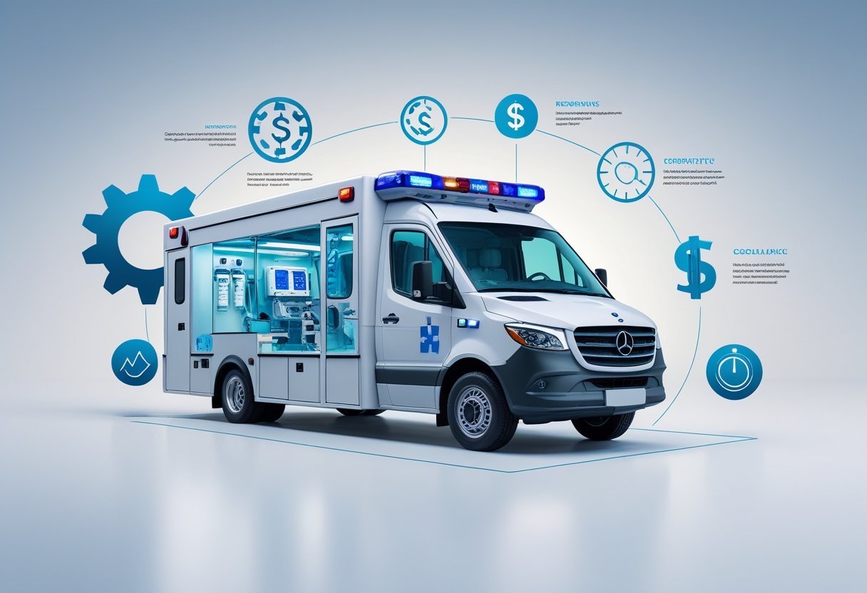 Ilustração de uma ambulância UTI móvel com equipamentos médicos visíveis e ícones ao redor representando fatores que influenciam no valor, como especificações técnicas, equipe médica, conformidade regulatória, custo e tempo de resposta.
