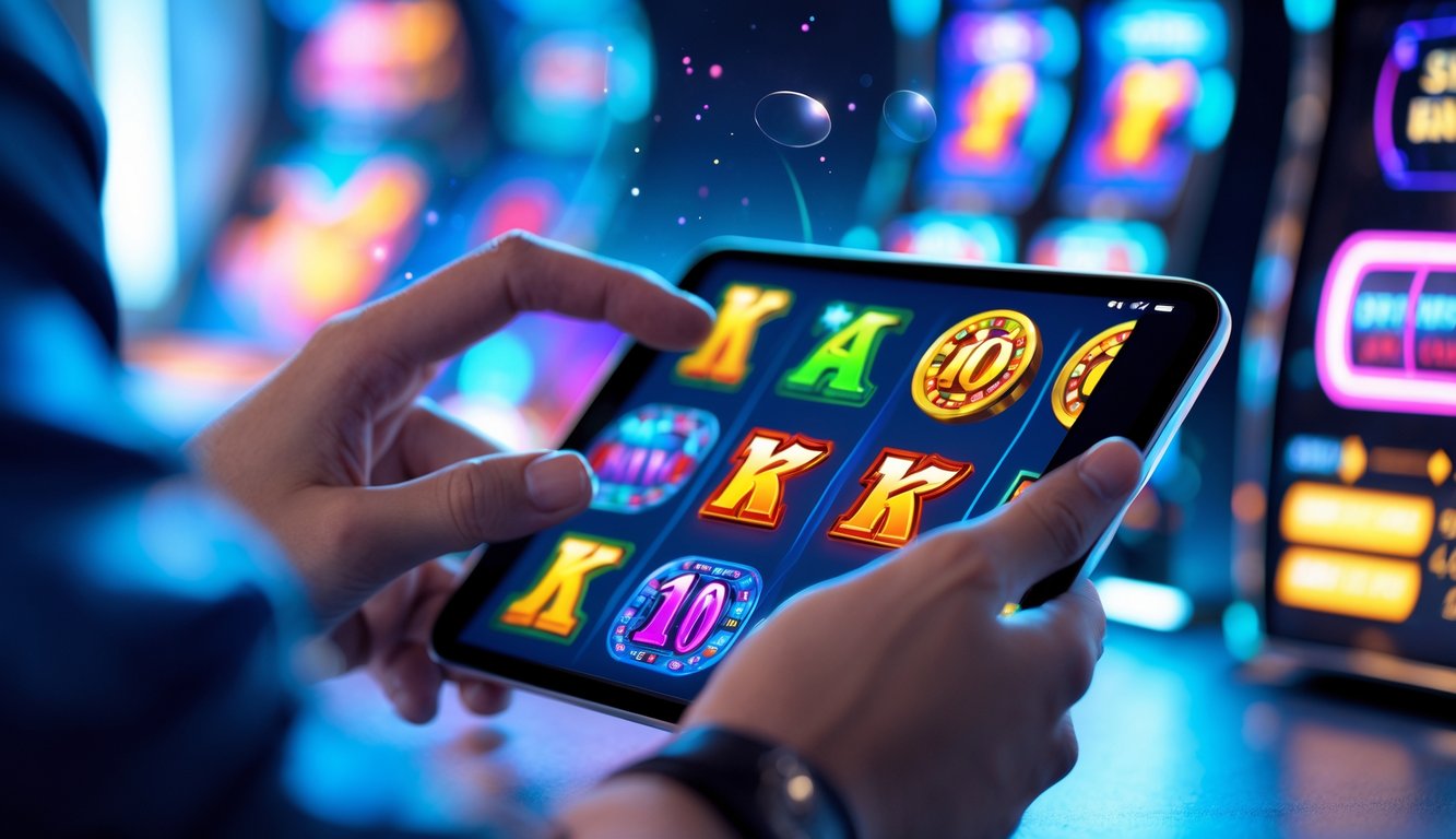 Tangan seseorang yang sedang menggunakan smartphone dengan tampilan permainan slot online yang berwarna-warni dan cerah.