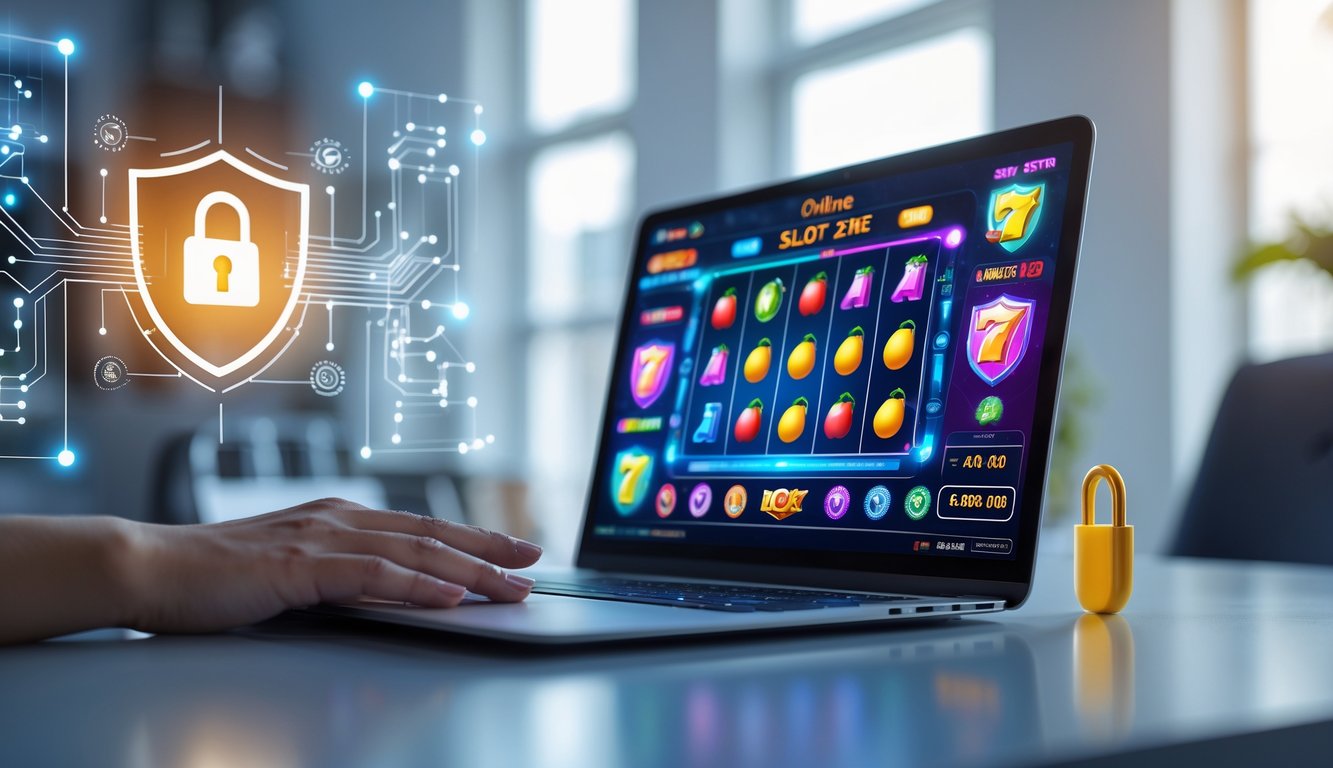 Seorang pengguna bermain slot online di komputer dengan simbol keamanan digital di sekitar layar.