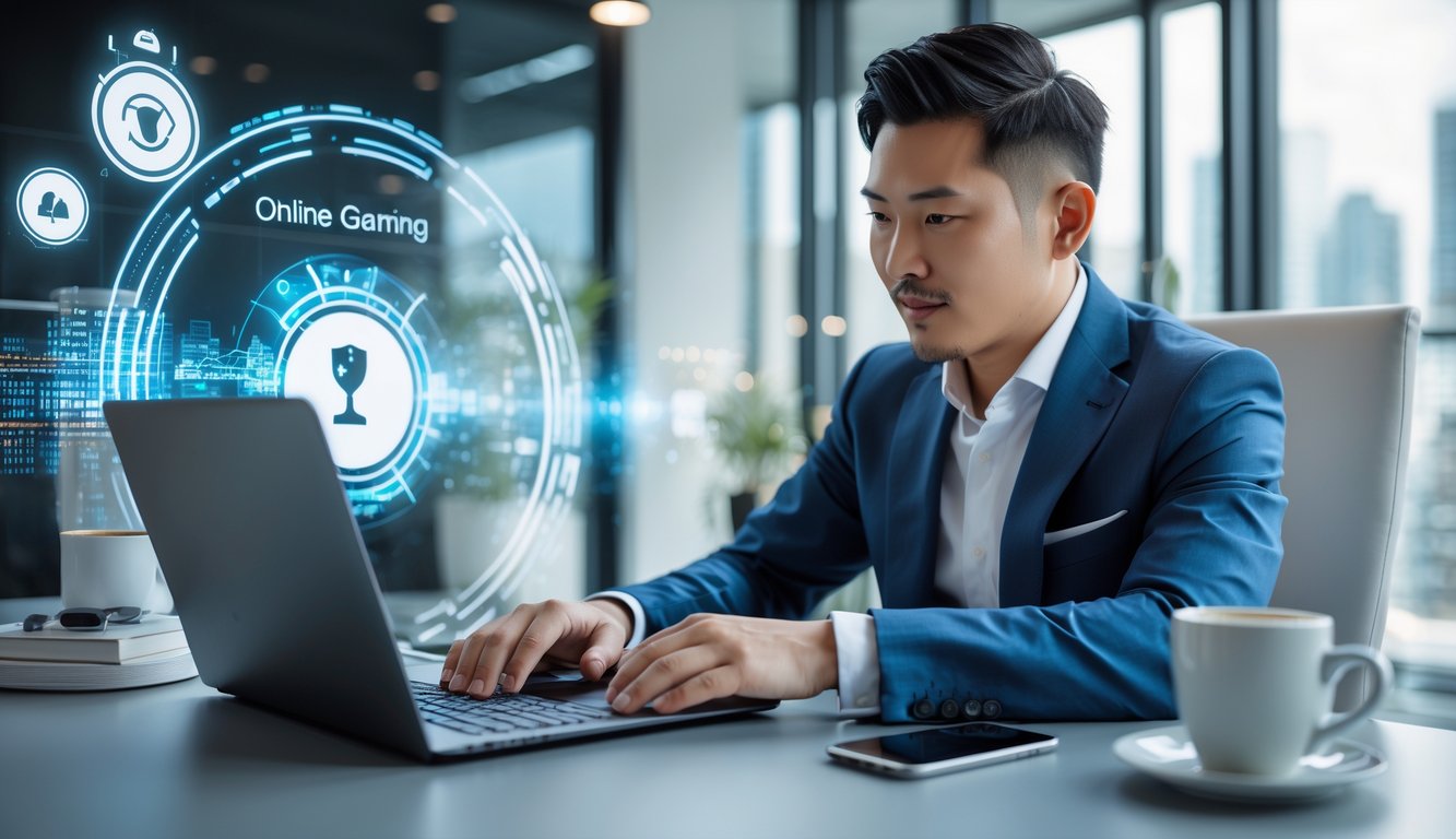 Seorang pria Asia Tenggara duduk di meja kantor modern sambil melihat layar laptop dengan grafik digital, menunjukkan suasana kerja yang profesional dan aman.