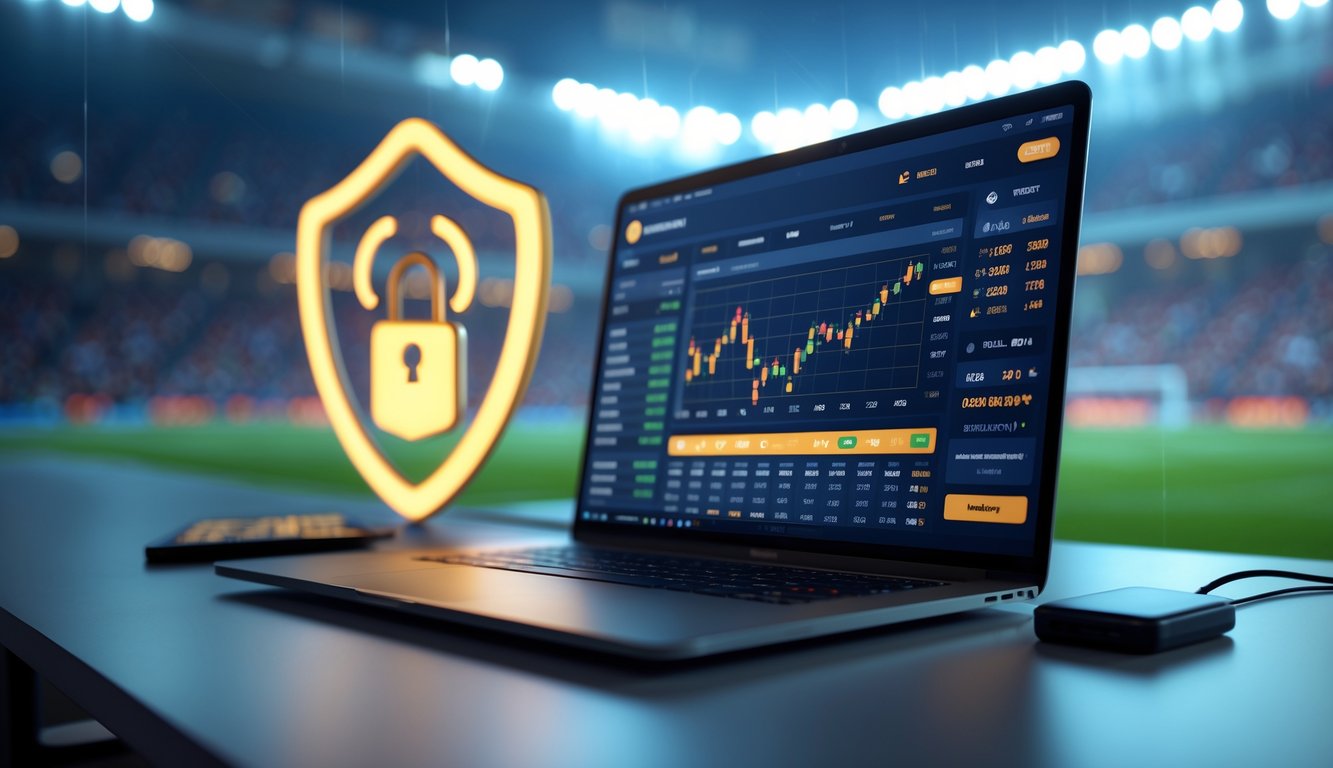 Seorang pria menggunakan laptop dengan tampilan taruhan olahraga sepak bola secara online di meja kerja modern.