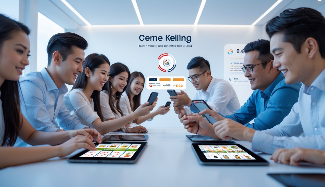 Orang-orang menggunakan perangkat digital untuk bermain permainan kartu online dengan suasana yang cerah dan modern.