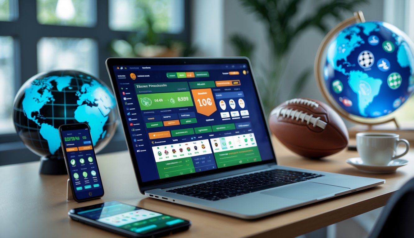 Seorang pengguna di depan laptop dengan tampilan situs taruhan sepak bola online dan bola sepak di meja.