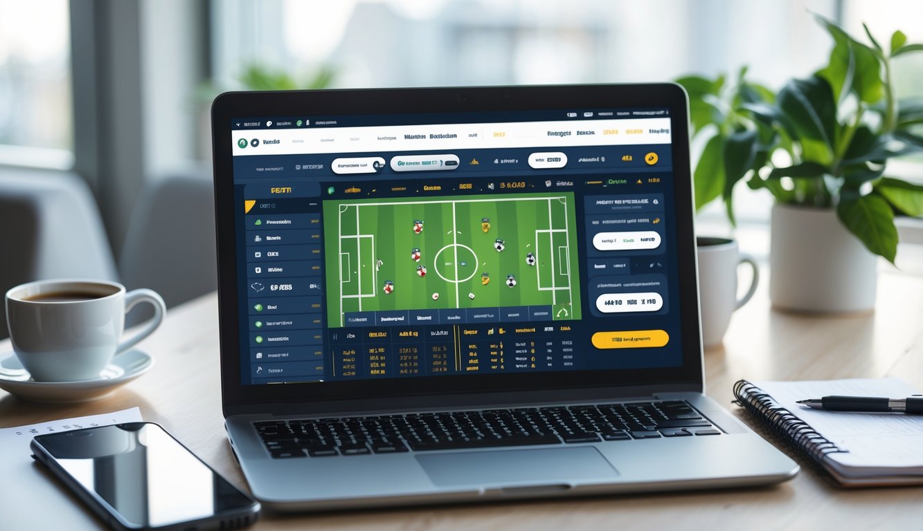 Seseorang menggunakan laptop dengan tampilan platform taruhan sepak bola online di meja kerja yang rapi.
