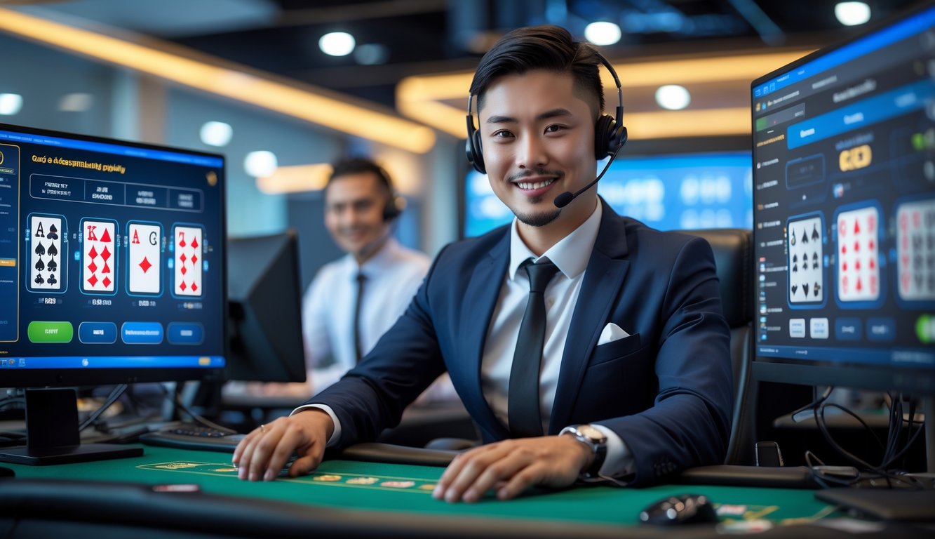 Seorang dealer profesional di kantor modern dengan beberapa layar komputer yang menampilkan permainan kartu online dan suasana kerja yang sibuk.