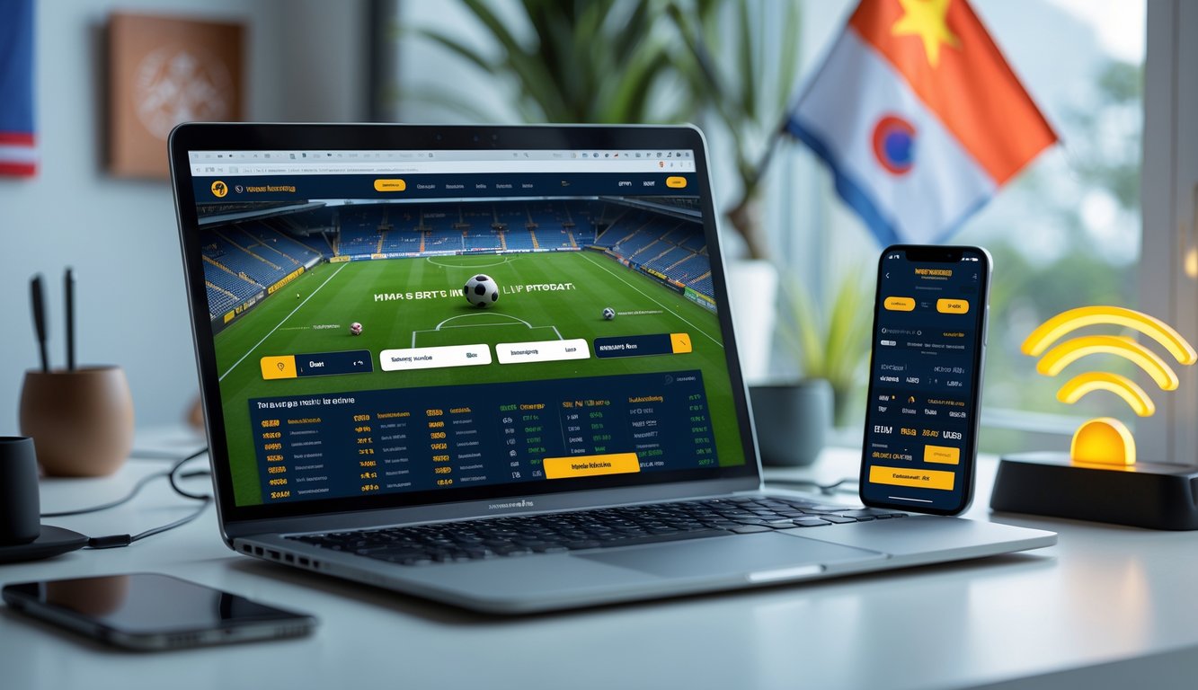 Seorang pengguna sedang melihat situs judi bola online di laptop dan ponsel di meja kerja dengan latar belakang elemen budaya Indonesia.