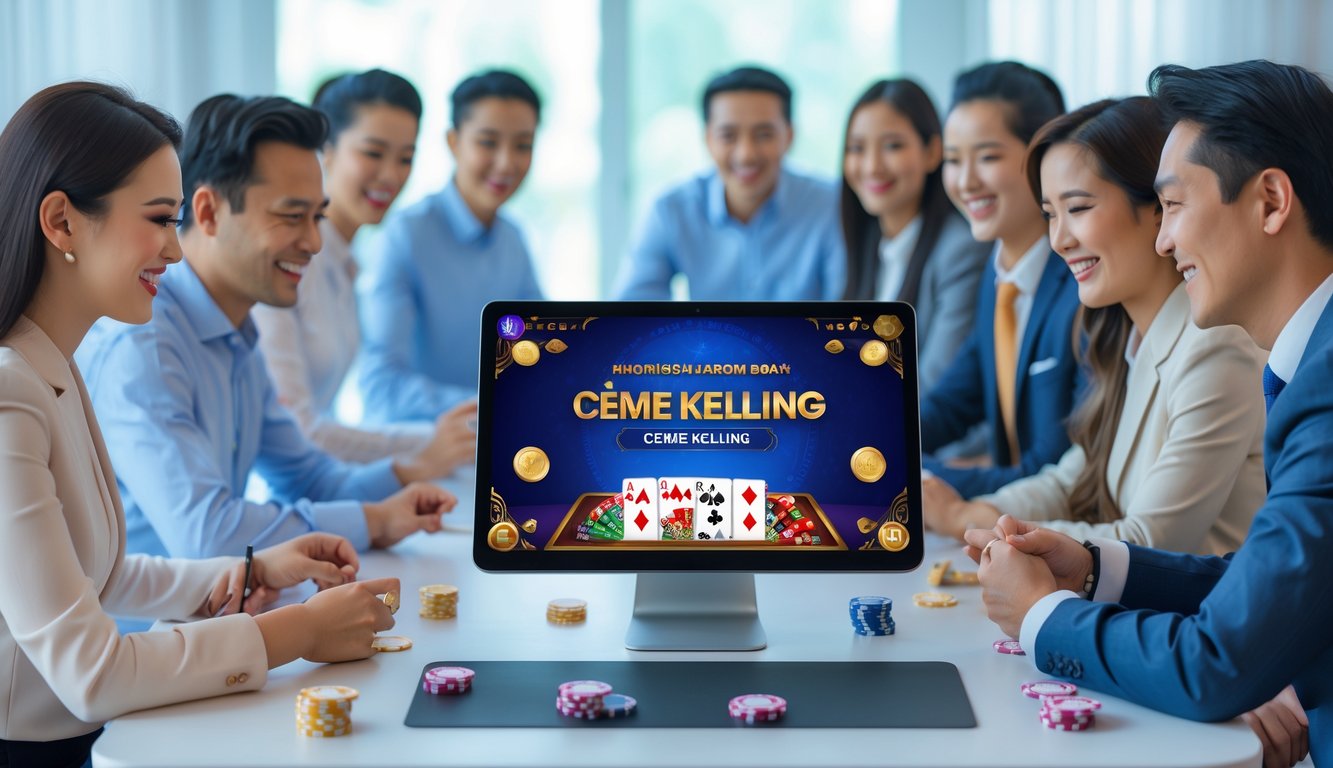 Orang-orang sedang bermain permainan kartu online Ceme Keliling di depan layar komputer dalam ruangan yang terang dan rapi.