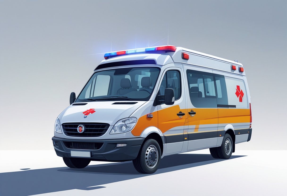 Uma ambulância tipo B vista de frente e lateral, parada em um ambiente hospitalar neutro.