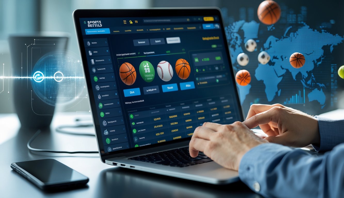 Seseorang menggunakan laptop dengan tampilan situs taruhan olahraga online yang menampilkan pembaruan peluang taruhan secara real-time.