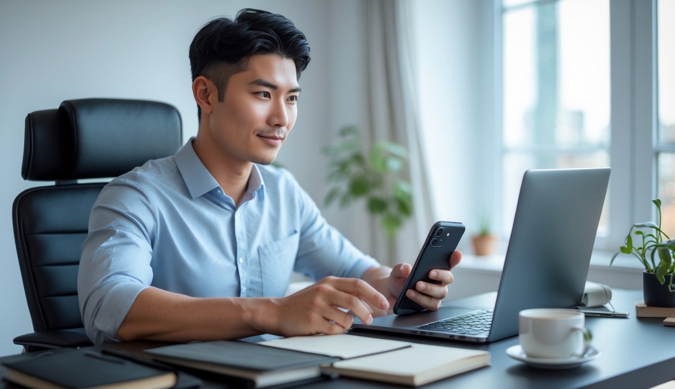 Seorang pria muda duduk di meja kerja dengan laptop dan ponsel di ruang rumah yang rapi dan terang.