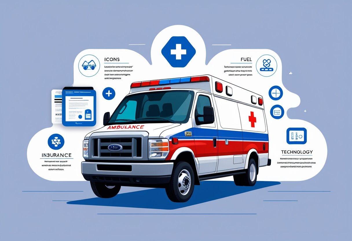 Uma ambulância tipo B no centro, cercada por ícones que representam equipamentos médicos, manutenção, combustível, seguro e tecnologia.