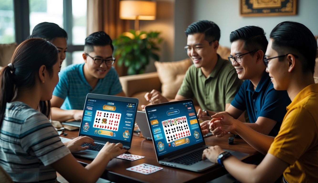 Sekelompok orang bermain permainan kartu Ceme secara online menggunakan laptop dan ponsel di ruang tamu yang nyaman.