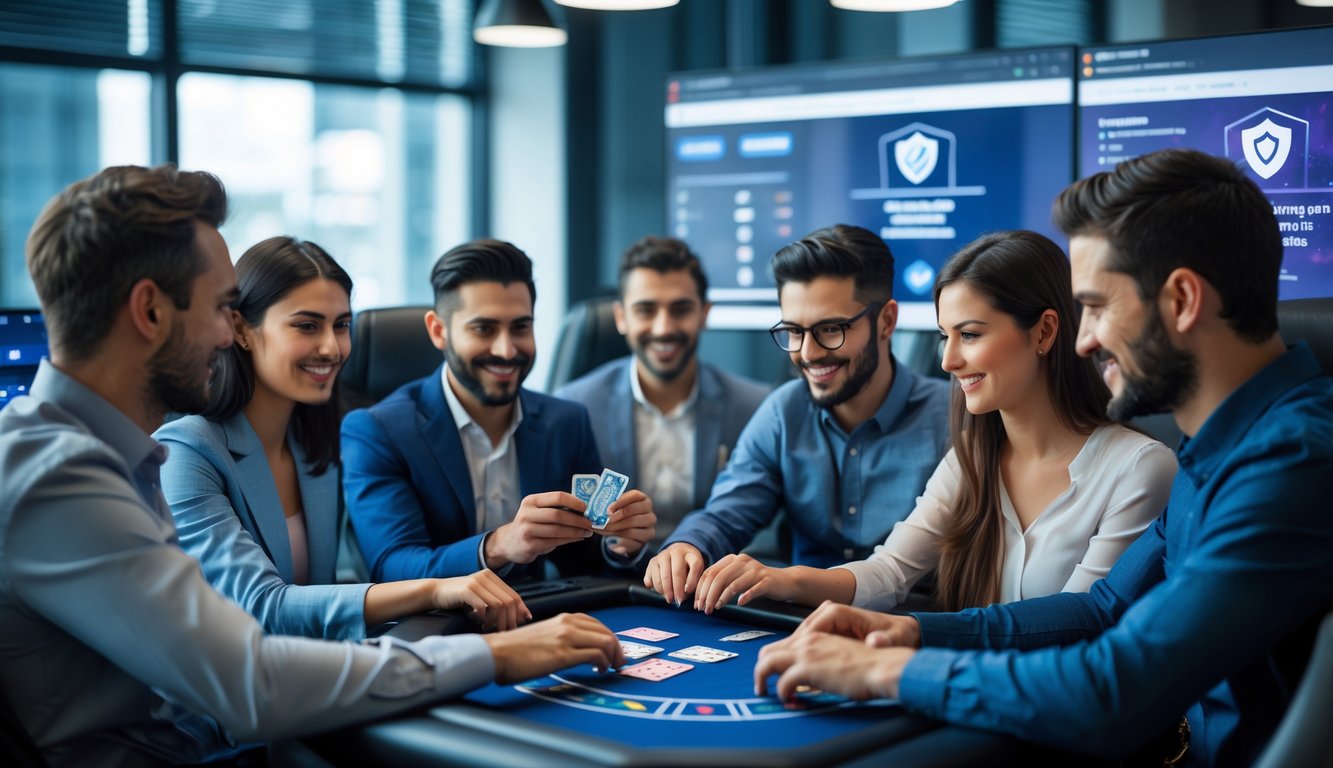 Sekelompok orang bermain permainan kartu online di ruang kantor modern dengan suasana yang percaya dan adil.