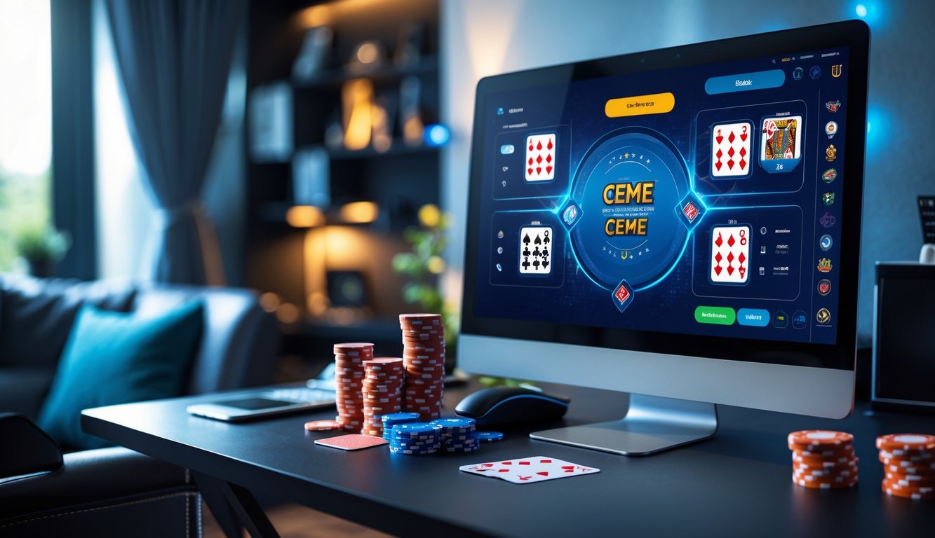 Sebuah ruangan modern dengan komputer dan smartphone yang menampilkan permainan kartu Ceme online, dengan chip dan kartu di atas meja.