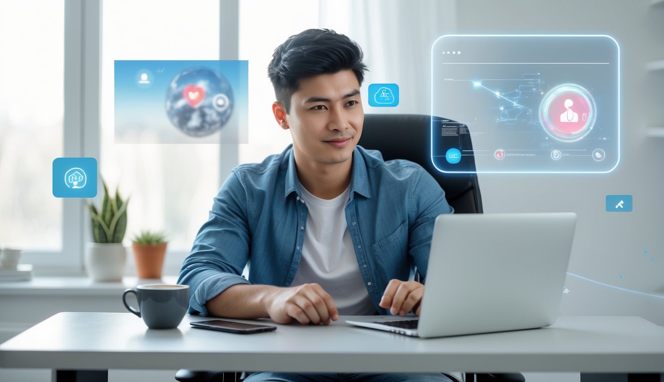 Seorang dewasa muda duduk di meja modern menggunakan laptop untuk bermain judi online dengan suasana ruangan yang terang dan rapi.