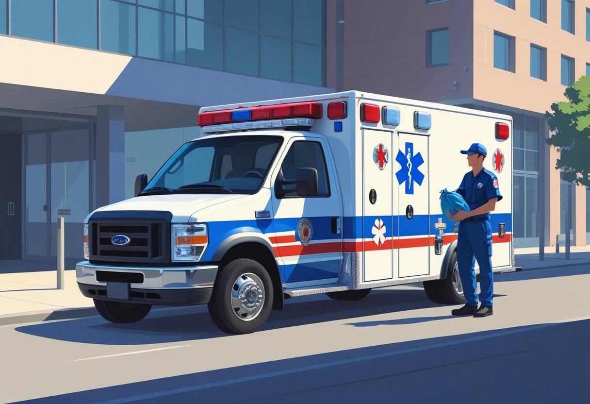 Uma ambulância Tipo A estacionada próxima a um hospital, com um paramédico ao lado segurando uma bolsa médica.