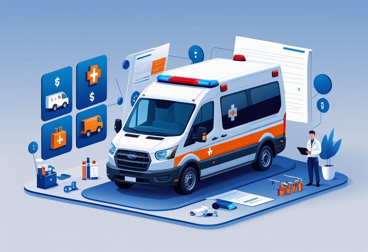 Uma ambulância tipo A cercada por ícones que representam fatores de custo, como equipamentos médicos, combustível, ferramentas de manutenção e um profissional de saúde revisando documentos, com um ambiente hospitalar ao fundo.