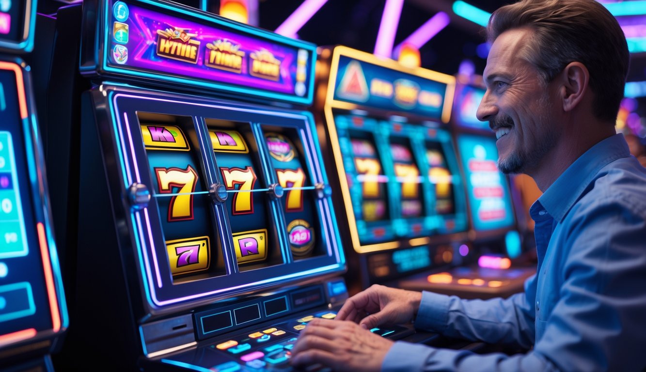 Seorang pemain dewasa sedang bermain mesin slot 3D online dengan latar belakang antarmuka kasino digital yang modern dan berwarna-warni.