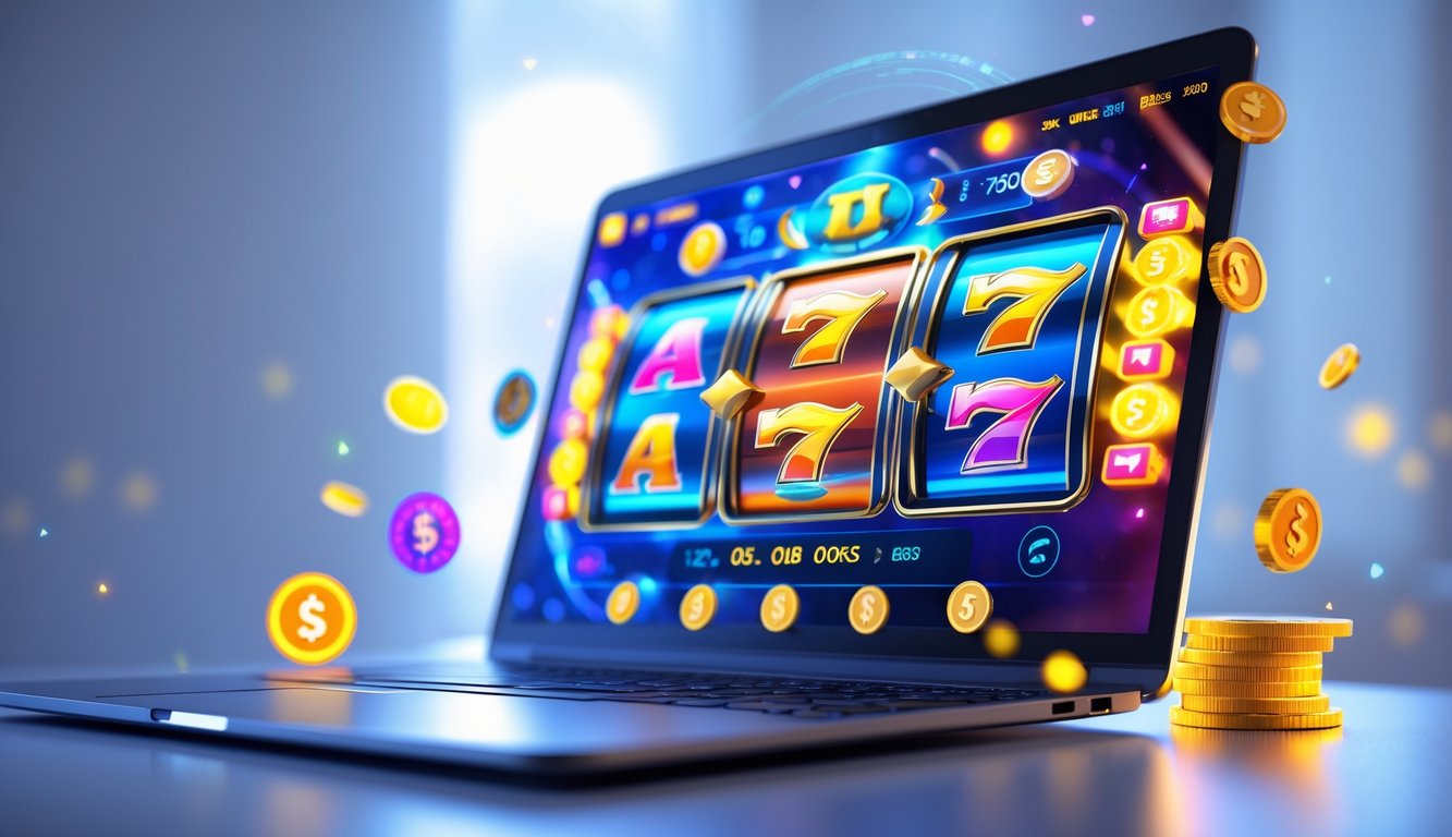 Layar komputer menampilkan permainan slot 3D yang berwarna-warni dengan latar belakang modern dan elemen simbol keamanan digital.