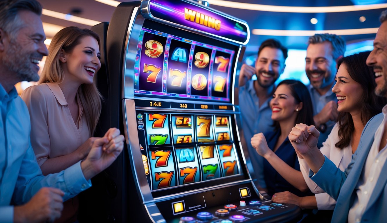 Orang-orang bahagia bermain mesin slot 3D di kasino dengan suasana cerah dan penuh kegembiraan.