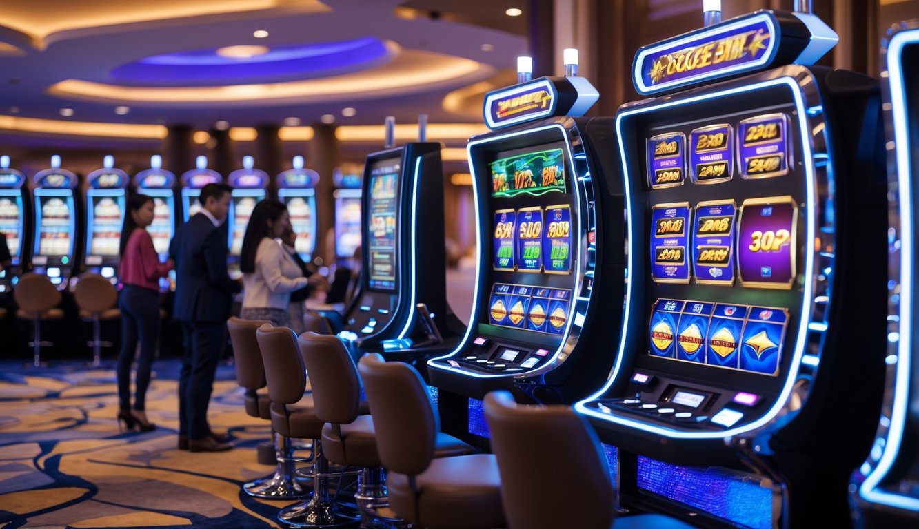 Orang-orang bermain mesin slot 3D di dalam kasino yang modern dan terang.