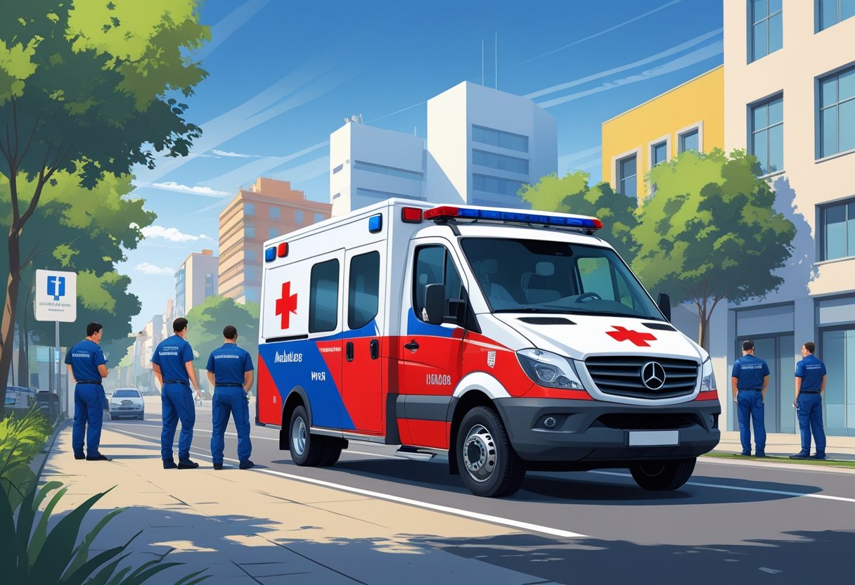 Uma ambulância branca com detalhes vermelhos e azuis em uma rua da cidade de Ponta Grossa, com profissionais de saúde atendendo uma emergência ao lado do veículo.