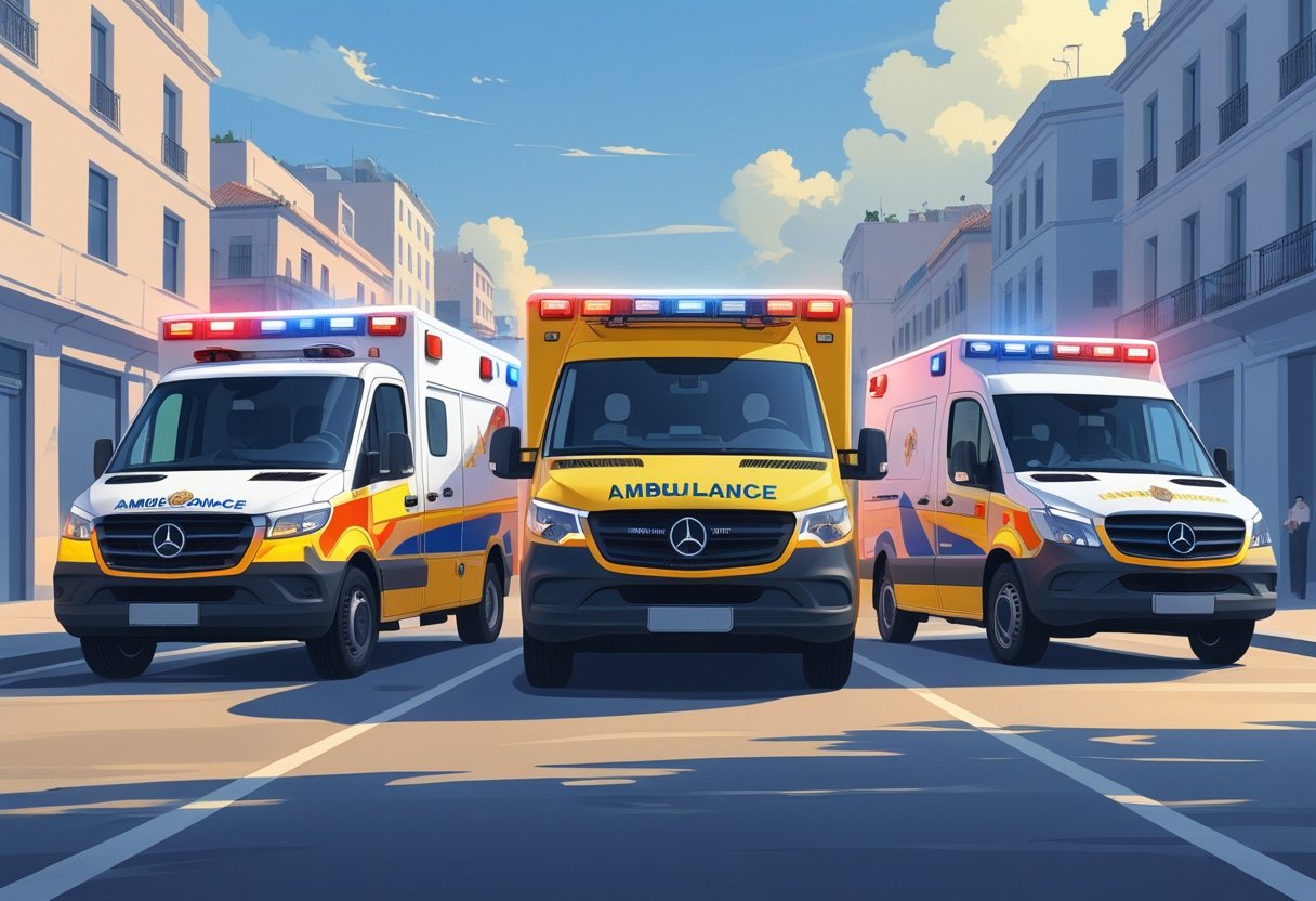 Três ambulâncias diferentes estacionadas em uma rua da cidade de Ponta Grossa, mostrando os tipos disponíveis para atendimento médico de emergência.