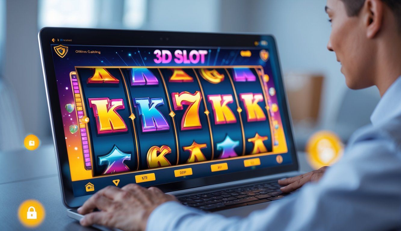 Seseorang menggunakan perangkat digital dengan tampilan permainan slot 3D yang berwarna-warni dan simbol berputar, menunjukkan transaksi cepat dan aman dalam judi online.