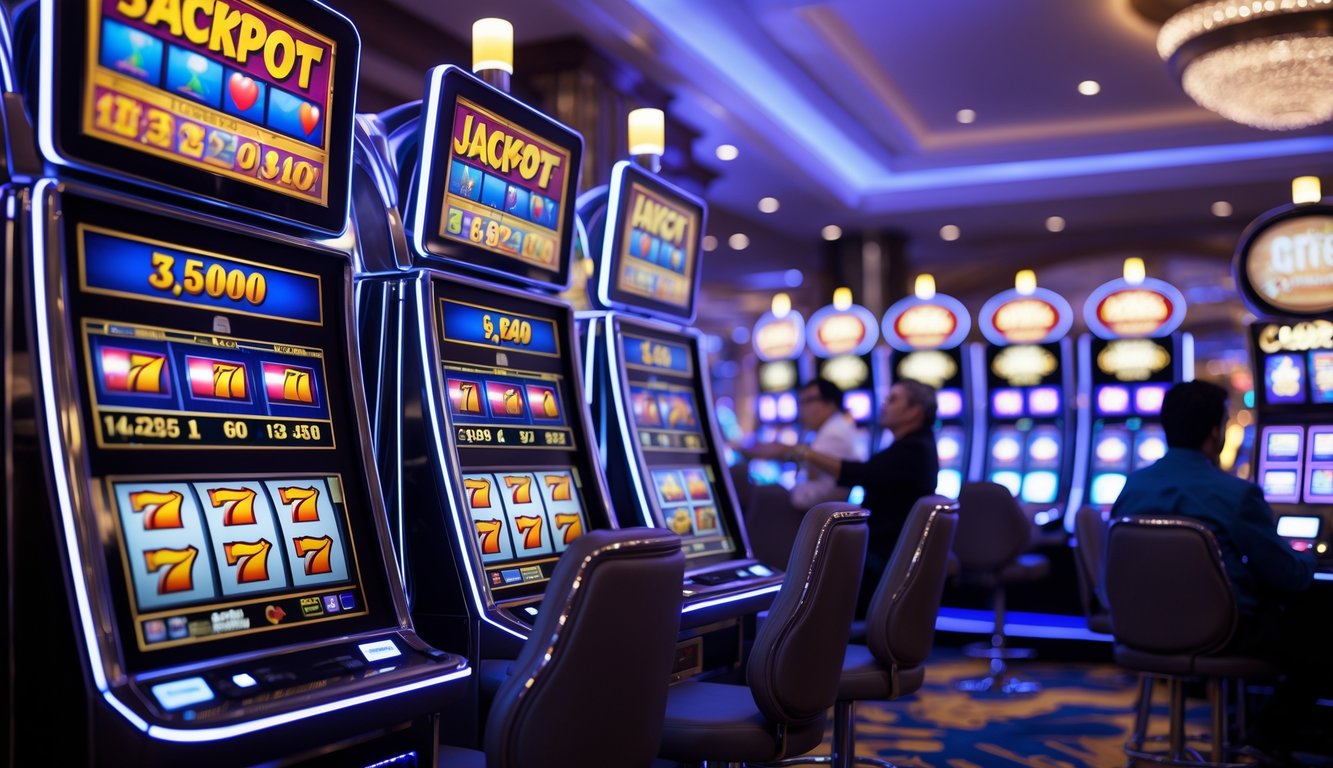 Seorang pemain sedang bermain mesin slot 3D di kasino dengan suasana yang cerah dan penuh semangat.