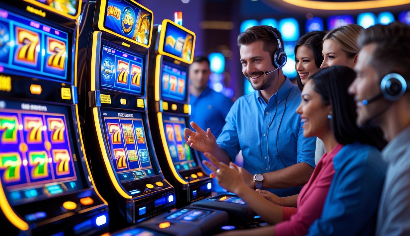 Seorang petugas layanan pelanggan profesional membantu beberapa pemain di depan mesin slot 3D yang berwarna-warni di kasino yang terang dan modern.