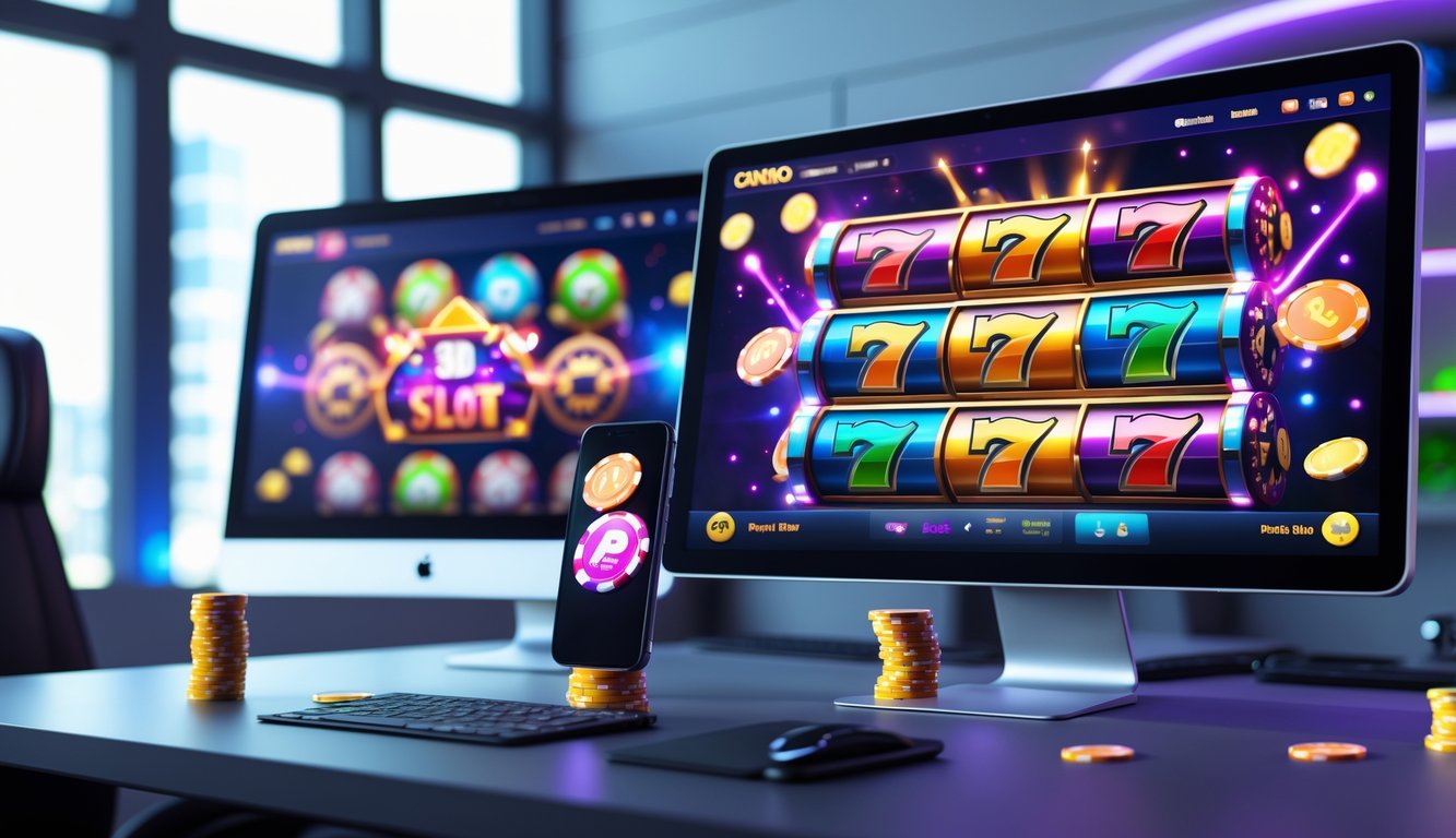 Tampilan komputer dan ponsel dengan permainan slot 3D berwarna-warni di atas meja di ruang kantor modern.