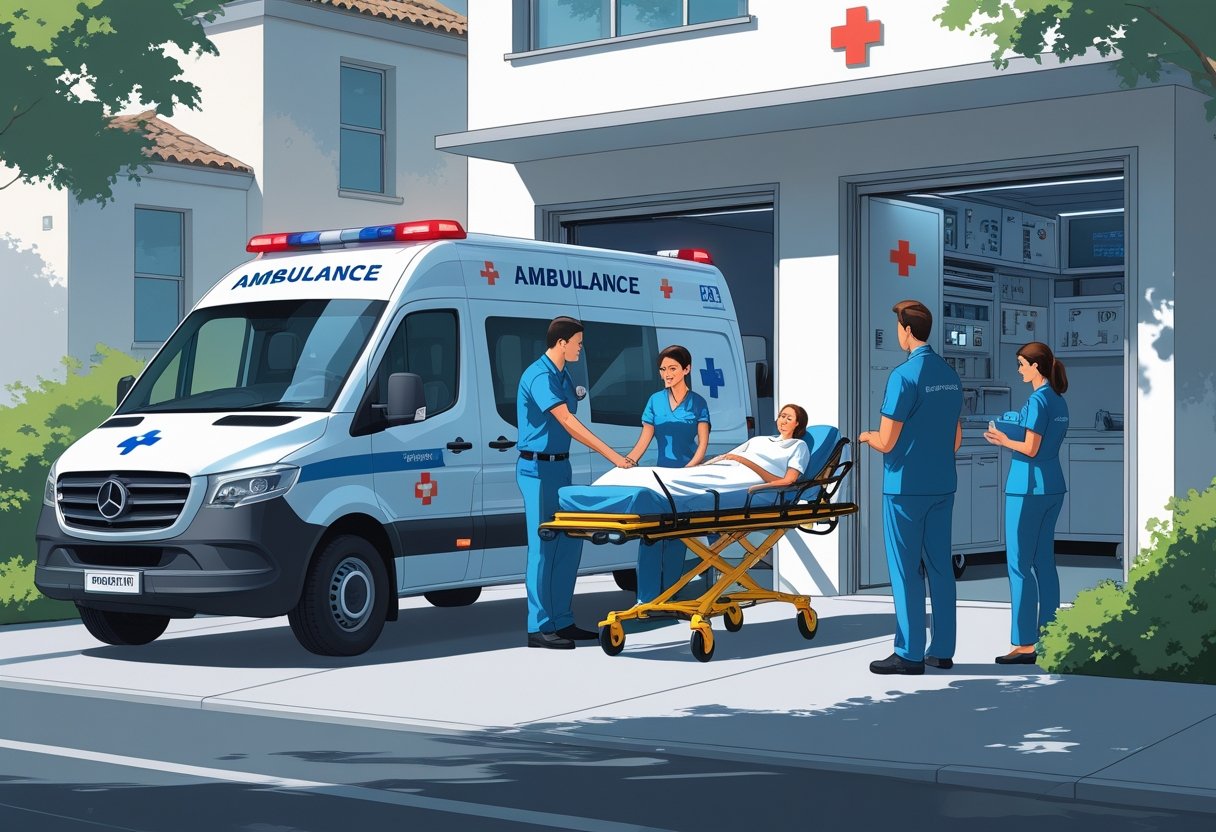 Ambulância particular estacionada com paramédicos ajudando um paciente em uma maca, enquanto um profissional de saúde conversa com um familiar em um ambiente urbano.