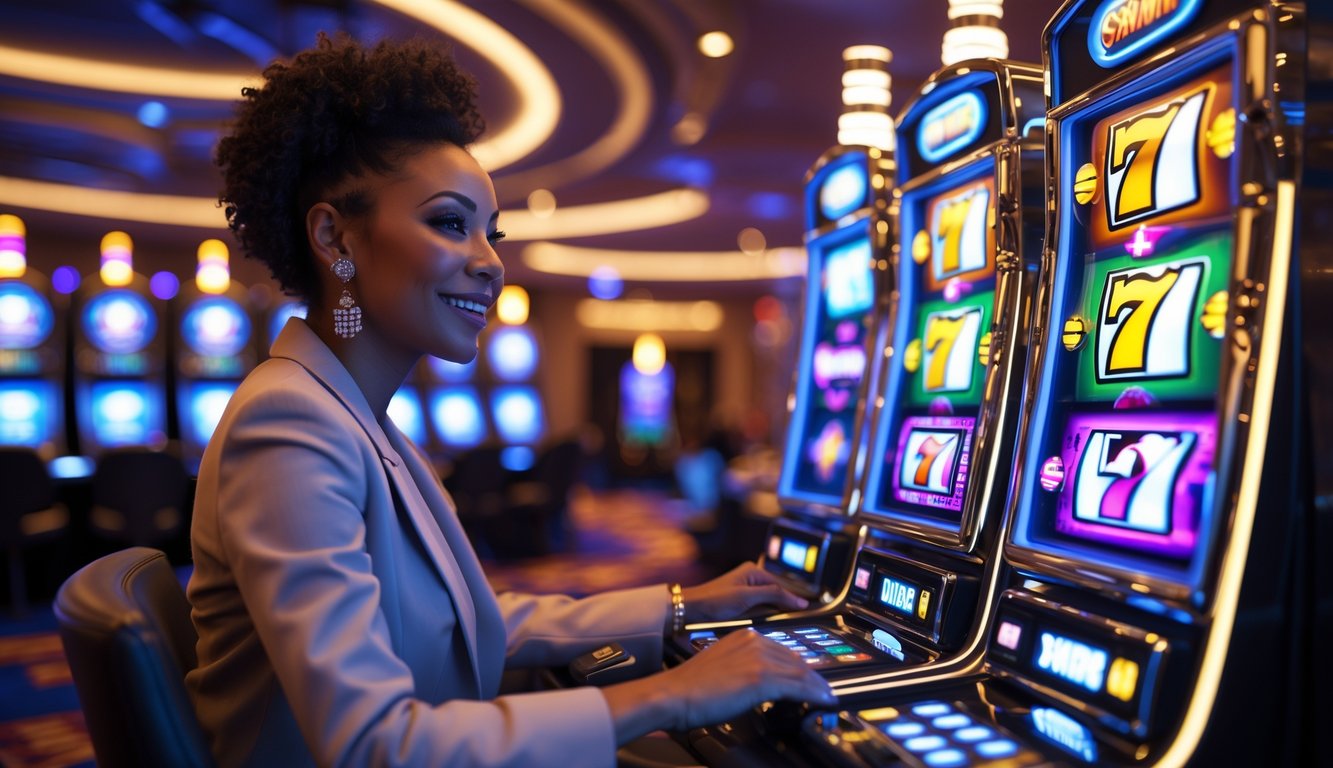 Seorang dewasa sedang bermain mesin slot 3D di kasino modern dengan suasana mewah dan pencahayaan lembut.