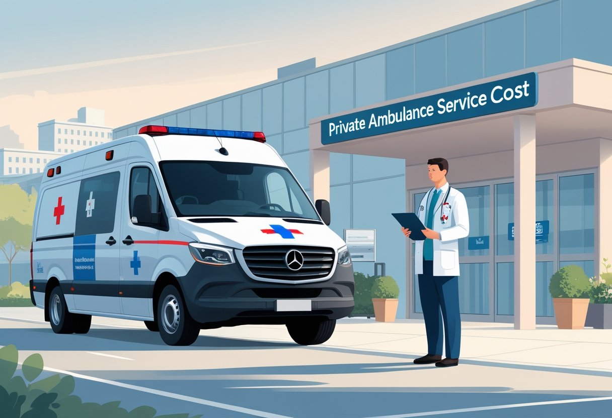 Ambulância particular estacionada em frente a um hospital, com um profissional de saúde conversando com um paciente segurando uma prancheta.